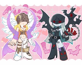 2girls angel angel_and_devil angewomon black_bodysuit black_vs_white blonde_hair bodysuit chain character_name chibi clothing_cutout colored_skin covered_eyes demon_girl digimon digimon_(creature) feathered_wings female_focus full_body futa_yuri_ryona grey_hair grey_skin helmet helmet_over_eyes ladydevimon long_hair multiple_girls navel panty_&amp;_stocking_with_garterbelt pink_background purple_ribbon ribbon stomach_cutout thumbs_up torn_bodysuit torn_clothes white_bodysuit white_wings wings