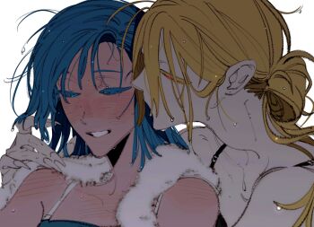 2girls absurdres black_bra blonde_hair blue_bra blue_eyes blue_hair bra commentary fingernails highres long_fingernails long_hair multiple_girls naotin3333 original parted_lips pointy_ears red_eyes shoulder_blush simple_background symbol-only_commentary towel towel_around_neck underwear upper_body wet wet_hair white_background yuri