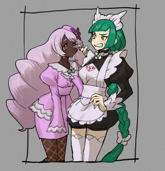 2girls apron ascot black_romper blush bow braid braided_ponytail brooch center_frills clenched_teeth dark-skinned_female dark_skin dress eye_contact fascinator fishnet_pantyhose fishnets frilled_ascot frills frown gloves green_hair hair_bow hair_ornament highres jacinthe_(pokemon) jewelry juliet_sleeves leaning_forward lebanne_(pokemon) long_braid long_hair long_sleeves looking_at_another low_drills ma2_ereki maid_apron maid_headdress master_and_servant multiple_girls nintendo pantyhose pencil_dress pokemon pokemon_legends:_z-a puffy_sleeves purple_dress purple_eyes purple_hair romper sharp_teeth single_braid sparkle sparkling_eyes sweatdrop teeth thighhighs very_dark_skin very_long_hair white_bow white_gloves white_thighhighs