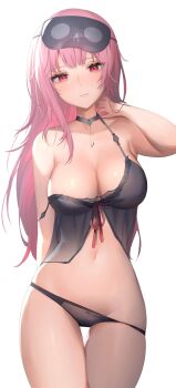 1girl arm_behind_back bare_arms bare_legs bare_shoulders bingsardina black_choker black_nightgown black_panties bracelet breasts choker cleavage clothes_pull curtains dress eyewear_on_head hand_on_own_neck highres hip_bones hololive hololive_english jewelry large_breasts legs long_hair looking_at_viewer mask mask_on_head messy_hair mori_calliope mori_calliope_(sleepwear) navel nightgown panties pink_eyes pink_hair pulling_own_clothes red_ribbon ribbon see-through_clothes simple_background skindentation sleep_mask sleeveless sleeveless_dress smile solo stomach thighs underwear very_long_hair virtual_youtuber white_background