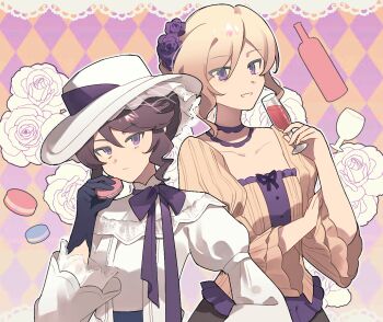 2girls :/ argyle_background axis_powers_hetalia black_gloves blonde_hair bottle bow bowtie champagne_flute closed_mouth cup drink drinking_glass felicienne_(reverse:1999) flower food france_(female)_(hetalia) france_(hetalia) gloves grin hair_flower hair_ornament hand_on_own_arm hat holding holding_cup holding_food macaron multiple_girls orange_background purple_background purple_bow purple_bowtie purple_eyes purple_flower purple_hair reverse:1999 rose shirt short_hair smile square_neckline two-tone_background white_flower white_hat white_rose white_shirt yellow_shirt youluo