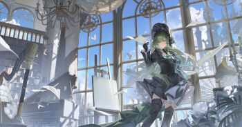 Rule 34 | 1girl, absurdres, arknights, bang dream!, bang dream! it's mygo!!!!!, bird, black bonnet, black dress, black gloves, black thighhighs, blue sky, bonnet, bookshelf, chinese commentary, cloud, commentary request, dress, easel, falling feathers, feathers, feet out of frame, fern, floating paper, flower, gloves, gothic lolita, grand piano, green hair, hair ornament, hand up, harp, highres, indoors, instrument, juliet sleeves, lolita fashion, long hair, long sleeves, looking at viewer, no animal ears, paper, parted lips, phonograph, piano, plant, puffy sleeves, sidelocks, sky, solo, standing, teeth, thighhighs, very long hair, wakaba mutsumi, wakaba mutsumi (marionette's id), white bird, white flower, window, x hair ornament, yellow eyes, yuki sweet tea