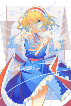 1girl alice_margatroid artist_name blonde_hair blue_dress blue_eyes capelet chinese_commentary commentary_request dress frilled_dress frilled_hairband frills hair_over_one_eye hairband highres lolita_hairband long_hair looking_at_viewer minuo puppet_strings red_hairband red_sash sample_watermark sash solo touhou waist_sash watermark white_capelet