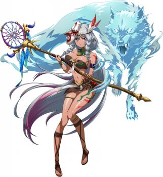1girl aka_(langrisser) animal armlet bare_shoulders blue_feathers body_markings bra bracelet braid braided_sidelocks breasts brown_bra brown_sandals brown_skirt circlet cleavage closed_mouth colored_tips dark-skinned_female dark_skin feather_hair_ornament feathers floating_hair full_body game_cg gladiator_sandals gold_bracelet gold_pendant gold_thighlet grey_hair hair_ornament holding holding_staff jewelry knees_together_feet_apart langrisser langrisser_mobile large_breasts leg_up legs long_hair long_sidelocks looking_at_viewer mask mask_on_head miniskirt multicolored_hair navel necklace official_art panties pantyshot pendant ponytail purple_eyes sandals shaman sidelocks simple_background skirt solo_focus spirit staff standing standing_on_one_leg stomach tachi-e thighlet third-party_source torn_clothes torn_skirt transparent_background tribal underwear very_long_hair white_feathers white_panties wolf