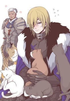 Rule 34 | 2boys, animal, armor, black armor, black cat, black fur, blonde hair, blue cape, blue scarf, breastplate, calico (pattern), cape, cat, closed eyes, commentary request, dark-skinned male, dark skin, dedue molinaro, dedue molinaro (timeskip), dimitri alexandre blaiddyd, dimitri alexandre blaiddyd (timeskip), eyepatch, facial scar, faulds, fire emblem, fire emblem: three houses, flying sweatdrops, fur-trimmed cape, fur-trimmed collar, fur trim, gauntlets, hair slicked back, highres, holding, holding animal, holding cat, looking at animal, male focus, megubiru, multicolored cat, multicolored fur, multiple boys, multiple cats, nintendo, one eye covered, pauldrons, ponytail, scar, scar on cheek, scar on face, scar on forehead, scarf, short ponytail, shoulder armor, simple background, sitting, smile, striped fur, sweat, tuxedo cat, whiskers, white background, white cat, white fur, white hair