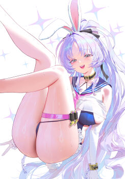 1girl absurdres animal_ears blue_sailor_collar breasts commentary elbow_gloves gloves highres large_breasts legs_up long_hair looking_at_viewer open_mouth ponytail purple_hair rabbit_ears sailor_collar shia_(stella_sora) simple_background smile solo stella_sora swimsuit swimsuit_under_clothes symbol-only_commentary teeth thigh_strap thighs upper_teeth_only v white_background white_gloves wonbin_lee