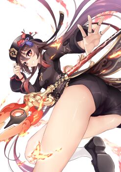 1girl absurdres adjusting_clothes adjusting_headwear ass black_coat black_hat black_nails black_shoes black_shorts bright_pupils brown_hair coat commentary_request flower-shaped_pupils from_behind genshin_impact grin hat highres hu_tao_(genshin_impact) jewelry long_hair looking_at_viewer pantylines polearm porkpie_hat red_eyes ring sazanka shoes short_shorts shorts simple_background smile socks solo staff_of_homa_(genshin_impact) symbol-shaped_pupils tailcoat thighs twintails weapon white_background white_socks