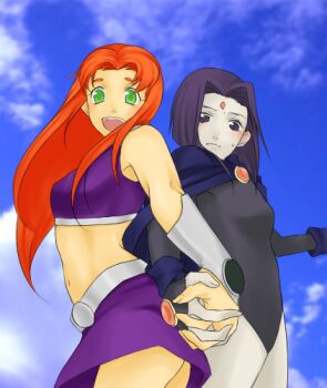 2girls alien bindi cartoon_network cloak dc_comics female_focus green_eyes holding_hands image_sample leotard lowres midriff multiple_girls pixiv_sample purple_hair purple_skirt raven_(dc) red_hair skirt smile starfire superhero_costume teen_titans