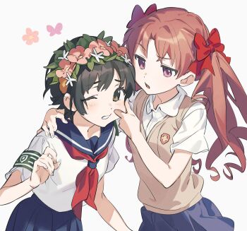 Rule 34 | 2girls, black hair, blue sailor collar, blue skirt, bow, brown eyes, brown hair, brown sweater vest, cheek pinching, collared shirt, commentary request, flower, grey skirt, hair bow, hair flower, hair ornament, head wreath, highres, labixiaohua, long hair, multiple girls, neckerchief, pinching, pleated skirt, red bow, red neckerchief, sailor collar, sakugawa school uniform, school emblem, school uniform, serafuku, shirai kuroko, shirt, short hair, short sleeves, simple background, skirt, summer uniform, sweater vest, toaru kagaku no railgun, toaru majutsu no index, tokiwadai school uniform, twintails, uiharu kazari, v-neck, white shirt