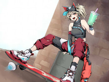 1girl animal_ears bare_shoulders baseball_cap blonde_hair blue_nails breasts bubble_tea clothes_around_waist crop_top detached_sleeves earrings facial_mark fingerless_gloves fox_ears gloves grey_eyes hat highres hoverboard jewelry jumpsuit jumpsuit_around_waist kiriko_(overwatch) looking_at_viewer midriff official_alternate_costume overwatch ponytail potato_tacos00 red_jumpsuit single_detached_sleeve single_earring single_fingerless_glove sitting skateboard streetwear_kiriko