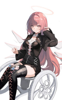 1girl absurdres adjusting_hair arknights black_boots black_jacket black_shirt black_shorts boots chinese_commentary commentary cropped_jacket cross-laced_clothes detached_wings energy_wings feet_out_of_frame fengshengruyu hair_intakes halo highres jacket lace-up_boots lemuen_(arknights) long_hair looking_at_viewer low_wings on_wheelchair open_clothes open_jacket pink_eyes pink_hair shirt shorts simple_background sitting sleeve_zipper smile solo thigh_boots thighhighs very_long_hair wheelchair white_background wings zettai_ryouiki