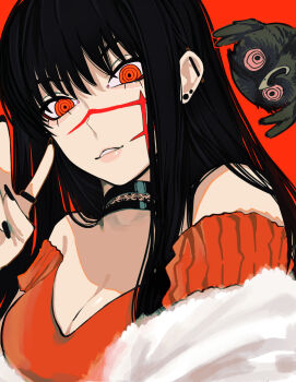 1girl absurdres aegyo_sal barbell_piercing bird black_choker black_hair black_nails breasts chainsaw_man choker cleavage cross_scar ear_piercing earrings facial_scar fur_scarf highres industrial_piercing jewelry large_breasts long_hair looking_at_viewer off-shoulder_sweater off_shoulder owl parted_lips piercing red_background red_eyes red_sweater red_theme ringed_eyes sailen0 scar scar_on_cheek scar_on_face simple_background stud_earrings sweater v war_devil_(chainsaw_man) yoru_(chainsaw_man)