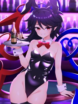 Rule 34 | 1girl, absurdres, ahoge, alcohol, animal ear hairband, animal ears, asymmetrical wings, black hair, black leotard, black thighhighs, blue wings, bow, bowtie, breasts, champagne, champagne flute, cipher (user watm8555), cleavage, commentary request, covered navel, cup, detached collar, drinking glass, fake animal ears, grin, hairband, highleg, highleg leotard, highres, holding, holding tray, houjuu nue, leotard, medium hair, playboy bunny, pointy ears, rabbit ear hairband, rabbit ears, rabbit tail, red bow, red bowtie, red eyes, red wings, small breasts, smile, solo, strapless, strapless leotard, table, tail, thighhighs, touhou, tray, white wrist cuffs, wings, wrist cuffs
