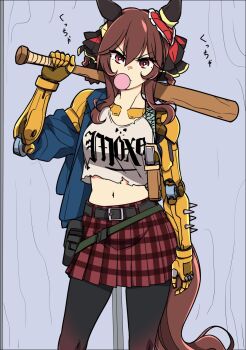 1girl animal_ears baseball_bat belt black_belt black_pantyhose blowing_bubble_gum blue_jacket braid braided_hair_rings breasts brown_hair chewing_gum commentary_request cyborg ear_covers ear_ornament gentildonna_(umamusume) hair_between_eyes hair_rings heart-shaped_ornament heart_ear_ornament highres holding holding_baseball_bat horse_ears horse_girl horse_tail jacket long_hair looking_at_viewer mechanical_arms medium_breasts midriff navel pantyhose red_eyes red_skirt shirt skirt solo tail torn_clothes torn_shirt umamusume wahiko_(black_bastard) white_shirt