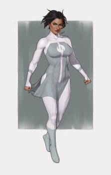 1girl abs absurdres anissa_(invincible) black_hair blue_eyes bodysuit boots border breasts clenched_hands collarbone commission covered_abs dalejomej floating floating_clothes floating_hair frown grey_background grey_bodysuit grey_boots highres invincible_(series) large_breasts lips long_sleeves looking_to_the_side mature_female multicolored_bodysuit outside_border pelvic_curtain red_lips short_hair signature simple_background sleeves_past_wrists solo striped_bodysuit tan toned toned_female turtleneck turtleneck_bodysuit two-tone_bodysuit viltrumite white_bodysuit white_border