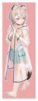 1girl absurdres agemmata animal_ear_fluff animal_ears aqua_skirt barefoot blonde_hair breasts commentary english_commentary frown full_body hair_ornament hairclip highres hood hood_down komachi_panko long_sleeves looking_back navel outline phase_connect pink_eyes pleated_skirt raincoat red_background red_panda_ears red_panda_girl red_panda_tail see-through_clothes see-through_raincoat short_hair simple_background skirt small_breasts solo tail virtual_youtuber walking white_outline