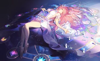 1girl absurdres aqua_hair ask_(askzy) bishop_(chess) book breasts chess_piece chinese_commentary commentary_request cyrene_(honkai:_star_rail) cyrene_(ripples_of_past_reverie)_(honkai:_star_rail) dress flower hair_flower hair_ornament halo high_heels highres holding holding_book honkai:_star_rail honkai_(series) king_(chess) knight_(chess) long_hair looking_at_viewer lying medium_breasts multicolored_hair on_back photoshop_(medium) pink_hair purple_eyes queen_(chess) rook_(chess) solo thighs two-tone_hair very_long_hair weibo_username white_dress