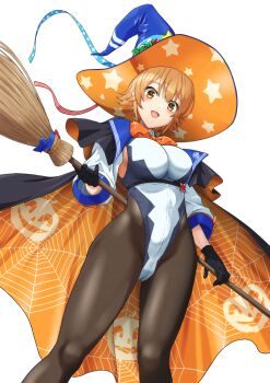 1girl black_cape black_gloves black_pantyhose blue_hat blue_leotard blush bow breasts broom brown_eyes brown_hair cape feet_out_of_frame from_below gloves grey_leotard halloween_costume hat highleg highleg_leotard holding holding_broom jack-o&#039;-lantern_print kantai_collection leotard looking_at_viewer medium_breasts mikan_29344886 multicolored_leotard open_mouth orange_bow orange_hat pantyhose richard_p._leary_(halloween)_(kancolle) richard_p._leary_(kancolle) short_hair simple_background sleeved_leotard two-sided_cape two-sided_fabric two-sided_headwear two-tone_leotard white_background witch_hat