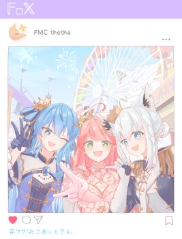 3girls absurdres ahoge alternate_hair_length_(longer) amusement_park animal_ear_fluff animal_ear_piercing animal_ears black_jacket blue_eyes blue_gem blue_gloves blue_hair blue_shirt blue_vest blush braid bright_pupils brooch bun_with_braided_base chain chamomile_(kazumasa) commentary_request crown double-parted_bangs dress epaulettes ferris_wheel fox_ears frilled_dress frills from_side gem gloves gold_chain green_eyes grey_hair hair_bun hair_ornament hair_ribbon hairclip half_gloves highres hololive hoshimachi_suisei hoshimachi_suisei_(stellar_into_the_galaxy) jacket jewelry logo_parody long_hair long_sleeves looking_at_viewer multiple_girls official_alternate_costume official_alternate_hairstyle outdoors pink_dress pink_hair pinstripe_pattern pinstripe_shirt ribbon sakura_miko sakura_miko_(flower_fantasista!) selfie shirakami_fubuki shirakami_fubuki_(fbkingdom) shirt shrug_(clothing) side_braid single_side_bun star_(symbol) star_hair_ornament star_in_eye symbol_in_eye tiara tilted_headwear twitter upper_body user_interface v vest virtual_youtuber w white_gloves white_pupils white_shrug