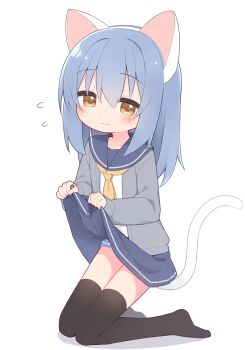 1girl absurdres animal_ears black_thighhighs blue_hair blue_panties blue_sailor_collar blue_skirt blush brown_eyes cardigan cat_ears cat_tail closed_mouth clothes_lift commission fake_animal_ears fake_tail flying_sweatdrops grey_cardigan hair_between_eyes highres kneeling lifting_own_clothes loli long_hair long_sleeves looking_at_viewer miniskirt misaki_kurone_(irukamairuiru) neckerchief no_shoes open_cardigan open_clothes original panties pleated_skirt puffy_long_sleeves puffy_sleeves sailor_collar school_uniform second-party_source shirt simple_background skeb_commission skirt skirt_lift solo striped_clothes striped_panties tail thighhighs underwear variant_set wavy_mouth white_background white_shirt yellow_neckerchief yuune_(ayanepuna)