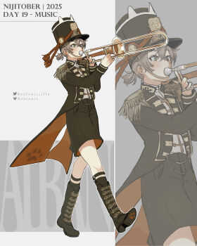 1boy absurdres aiguillette alban_knox alternate_costume animal_ears band_uniform bealouis_illu black_boots black_coat black_eyes black_garter_straps black_hat black_shorts black_socks bluesky_username blush boots brown_hair cat_ears chain character_name coat commentary english_commentary english_text floating_clothes full_body garter_straps hair_between_eyes hat heterochromia highres holding holding_instrument holding_trombone instrument legwear_garter male_focus music nijisanji nijisanji_en playing_instrument ponytail shako_cap shirt short_hair short_ponytail shorts sidelocks socks solo tailcoat trombone twitter_username virtual_youtuber walking white_shirt yellow_eyes zoom_layer