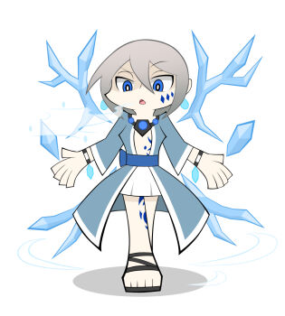 Rule 34 | 1girl, amauchi, bare legs, blue eyes, blue gem, blue sash, bracelet, breath, collar, commentary request, cryokinesis, crystal wings, detached wings, facial tattoo, gem, grey hair, grey kimono, hair between eyes, ice, ice wings, irma (mon-musu quest!), japanese clothes, jewelry, kimono, leg tattoo, long sleeves, mon-musu quest!, mon-musu quest: paradox, open clothes, open kimono, parted lips, sash, short hair, solo, tattoo, white background, wings, witch
