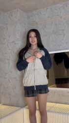1girl animated asian black_hair breasts highres indoors leaning_forward long_hair looking_at_viewer medium_breasts mirror no_bra open_clothes parted_lips real_life reflection saotome_kana skirt smile solo sound tagme teasing teeth unzipped unzipping video