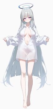1girl barefoot blue_archive blush breasts closed_mouth collared_shirt full_body grey_background grey_hair halo harenchi highres large_breasts long_hair long_sleeves looking_at_viewer naked_shirt noa_(blue_archive) open_clothes partially_unbuttoned purple_eyes see-through_clothes see-through_silhouette shirt simple_background sleeves_past_wrists solo standing very_long_hair white_shirt