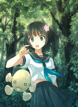 1girl :o black_hair bob_cut creature dress female_focus flower forest grass green_eyes hair_flower hair_ornament nature necktie open_mouth original school_uniform short_hair solo surprised tree wide-eyed yakka