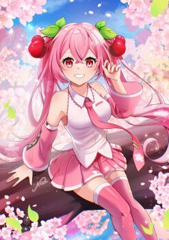 1girl absurdres blush branch breasts cherry_hair_ornament collared_shirt commentary day detached_sleeves falling_petals feet_out_of_frame floral_print flower food-themed_hair_ornament hair_between_eyes hair_ornament hatsune_miku headset highres long_hair long_sleeves looking_at_viewer medium_breasts miku_day nar_029 necktie official_alternate_costume outdoors petals pink_eyes pink_flower pink_hair pink_necktie pink_petals pink_skirt sakura_miku shirt sitting sitting_on_branch skirt sleeveless sleeveless_shirt smile solo teeth twintails very_long_hair vocaloid white_trim wide_sleeves