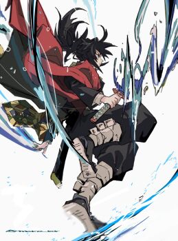 Rule 34 | 1boy, black hair, black jacket, black pants, blue eyes, buttons, demon slayer uniform, floating hair, gold buttons, haori, highres, holding, holding sword, holding weapon, jacket, japanese clothes, jumping, katana, kikkoumon, kimetsu no yaiba, long hair, low ponytail, male focus, pants, ponytail, print haori, profile, red haori, solo, spiked hair, sword, tomioka giyuu, twitter username, water, weapon, white background, yuki 1217k