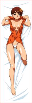 Rule 34 | 1girl, absurdres, adjusting clothes, barefoot, bed sheet, blush, border, brown eyes, brown hair, dakimakura (medium), full body, highres, hood, hoodie, light smile, looking at viewer, lying, no bra, non-web source, official art, on back, orange hoodie, panties, partially unzipped, photoshop (medium), red border, shiny skin, short hair, sleeveless, sleeveless hoodie, solo, string panties, super real mahjong, toono mizuki, underwear, white panties