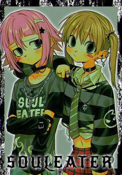 Rule 34 | 1girl, 1other, alternate costume, arm warmers, black arm warmers, black border, black choker, blonde hair, blush stickers, bone hair ornament, border, chain, chain necklace, choker, closed mouth, clothes writing, copyright name, cowboy shot, crona (soul eater), cross, cross necklace, diagonal-striped clothes, diagonal-striped necktie, ear piercing, grey eyes, grey shirt, hair ornament, hairclip, highres, jewelry, long sleeves, looking at viewer, maka albarn, medium hair, menma (enaic31), midriff, miniskirt, multiple rings, navel, necklace, necktie, piercing, pink hair, plaid clothes, plaid skirt, print shirt, ring, shirt, short sleeves, signature, single blush sticker, skirt, skull necklace, skull ring, soul eater, standing, star (symbol), star hair ornament, striped clothes, striped shirt, twintails