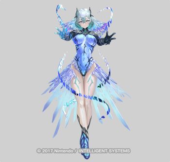 1girl asymmetrical_gloves black_gloves blue_eyes blue_gloves blue_leotard breasts commentary_request copyright_name facial_hair fimbulvetr_(fire_emblem) fire_emblem fire_emblem_heroes gloves green_hair high_heels large_breasts leotard looking_at_viewer mismatched_gloves nintendo official_art outstretched_arms reaching reaching_towards_viewer short_hair solo tachi-e thighs white_hair yoshiku_(oden-usagi)