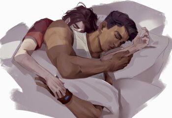 2boys alternate_costume arcane:_league_of_legends arcane_jayce black_hair body_freckles brown_hair closed_eyes freckles hug hug_from_behind jayce_(league_of_legends) league_of_legends lying multiple_boys on_side parted_lips pillow red_shirt shirt short_hair sleeping tank_top valo_(myvalorot) viktor_(arcane) viktor_(league_of_legends) yaoi