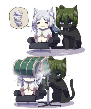 :3 absurdres animal animal_ear_fluff animalization cat closed_eyes closed_mouth clothed_animal commentary frieren green_hair grey_hair hair_between_eyes happy highres j_humbo long_hair mimic mimic_chest purple_eyes saliva scissors sharp_teeth smile sousou_no_frieren symbol-only_commentary teeth ubel_(sousou_no_frieren)