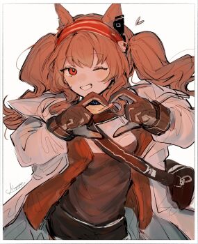 Rule 34 | 1girl, ;d, angelina (arknights), animal ears, arknights, blush, border, brown gloves, brown hair, brown shirt, coat, commentary, four-finger heart hands, gloves, grin, hairband, heart, heart hands, highres, long hair, long sleeves, looking at viewer, nugope (10daikun osi), one eye closed, open clothes, open coat, open mouth, red eyes, red hairband, shirt, signature, simple background, sketch, smile, solo, white background, white border, white coat