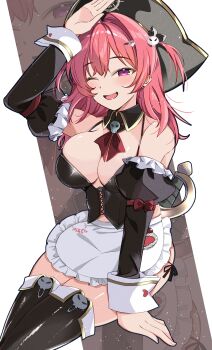 1girl absurdres apron bikini black_corset breasts cleavage commentary corset goddess_of_victory:_nikke hair_between_eyes hair_ornament hat highres maid maid_apron maid_bikini mast_(nikke) mast_(romantic_maid)_(nikke) oi_tie one_eye_closed pink_bikini pink_hair pirate_hat simple_background skull_and_crossbones skull_choker skull_hair_ornament skull_ornament skull_print smile swimsuit unconventional_maid white_wrist_cuffs wrist_cuffs