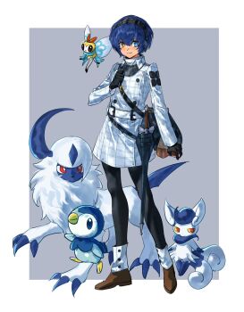 1boy absol bag black_bag black_gloves black_hairband black_pants blue_eyes blue_hair border buttons closed_mouth crossover cutiefly gen_3_pokemon gen_4_pokemon gen_6_pokemon gen_7_pokemon gloves grey_background hairband hashtag-only_commentary heterochromia highres holding holding_poke_ball jacket laishamark92077 long_sleeves looking_at_viewer male_focus meowstic meowstic_(male) metaphor:_refantazio nintendo outside_border pants piplup poke_ball poke_ball_(basic) pokemon pokemon_(creature) protagonist_(metaphor:_refantazio) simple_background sword weapon white_border white_jacket yellow_eyes