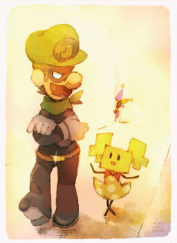 1girl 2boys artist_name bad_id bad_pixiv_id belt black_pants brown_hair clown clown_boy crossed_arms dated dimentio domino_mask eye_mask facial_hair glint gloves green_headwear highres jester jester_boy luigi mario_(series) mask mimi_(paper_mario) mr._l multiple_boys mustache nintendo pants paper_mario standing super_paper_mario uroad7