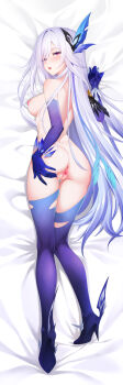 1girl anus armpits ass bandana bed_sheet black_bandana blush boots breasts dakimakura_(medium) dakimakura_(object) elbow_gloves feather_hair_ornament feathers full_body genshin_impact gloves hair_ornament hand_on_own_ass highres kirilenko_(cgd) long_hair looking_at_viewer lying medium_breasts multicolored_hair nipples nude on_bed on_side pillow purple_boots purple_eyes purple_gloves purple_hair pussy pussy_juice pussy_juice_trail skirk_(genshin_impact) solo strap streaked_hair teeth thigh_boots thighhighs thighs torn_clothes torn_thighhighs very_long_hair white_hair