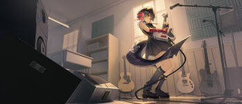 126_klym 1girl absurdres alternate_costume bare_shoulders black_dress black_hair black_shoes black_socks breasts cable ceiling_light chinese_commentary closed_mouth colored_inner_hair commentary_request dress earrings electric_guitar ellen_joe fins fish_tail frilled_dress frills from_side guitar hair_ornament highres holding holding_guitar holding_instrument indoors instrument jewelry leaning_back looking_at_object microphone microphone_stand multicolored_hair music no_mole playing_guitar playing_instrument red_arm_warmers red_nails scar scar_on_tail shark_girl shark_tail shelf shoes short_hair sleeveless sleeveless_dress socks solo speaker studio table tail window zenless_zone_zero