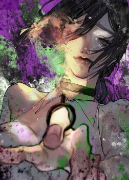 1girl aegyo_sal black_eyes black_hair blending collar collared_shirt hair_between_eyes half-closed_eyes hand_up highres kasahara_iji long_hair o-ring one_eye_covered original paint_splatter reaching reaching_towards_viewer red_lips shirt sleeveless sleeveless_shirt smile solo upper_body white_shirt