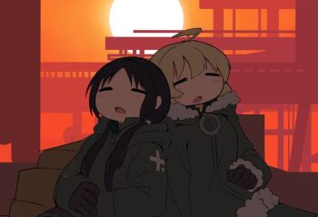 Rule 34 | 2girls, ahoge, black background, black gloves, blonde hair, blush, chito (shoujo shuumatsu ryokou), closed mouth, commentary request, fur-trimmed jacket, fur trim, gloves, green jacket, jacket, karmanimaxwx, long hair, low twintails, multiple girls, open mouth, orange sky, outdoors, own hands together, shoujo shuumatsu ryokou, sky, sleeping, sun, twintails, upper body, yuuri (shoujo shuumatsu ryokou)