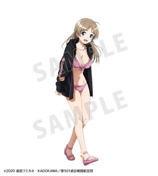 1girl artist_request black_jacket blue_eyes breasts brown_hair full_body hair_down happy jacket japanese_clothes kimono large_breasts long_hair looking_at_viewer lynette_bishop official_alternate_costume official_art open_mouth pink_kimono sample_watermark sandals simple_background solo standing strike_witches watermark white_background world_witches_series