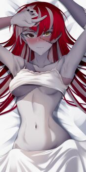 Rule 34 | 1girl, absurdres, alternate hairstyle, armpits, arms up, bed sheet, bell, breasts, camisole, camisole lift, clothes lift, colored skin, commentary, cowboy shot, demise (official makuu), diamond-shaped pupils, diamond (shape), english commentary, grey hair, grey skin, groin, hair down, hair spread out, heterochromia, highres, hololive, hololive indonesia, kureiji ollie, linea alba, long hair, lying, mismatched pupils, multicolored hair, multicolored skin, navel, neck bell, on back, patchwork skin, presenting armpit, red eyes, red hair, small breasts, solo, stitched arm, stitched face, stitched torso, stitches, stomach, symbol-shaped pupils, toned, toned female, two-tone skin, under covers, underboob, virtual youtuber, white camisole, white skin, x-shaped pupils, yellow eyes, zombie