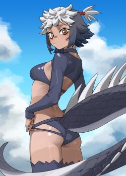 1girl :/ ass back bikini bikini_shorts black_bikini black_hair black_thighhighs blue_sky breasts brown_eyes closed_mouth commentary day grey_hair highres iguana_tail kemono_friends kemono_friends_3 lizard_tail long_sleeves looking_at_viewer marine_iguana_(kemono_friends) medium_breasts multicolored_hair outdoors ribs scales shiny_skin short_hair shorts shrug_(clothing) sky solo spiked_tail swimsuit tail tan tanabe_(fueisei) tanline thighhighs topknot two-tone_hair