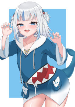 1girl absurdres animal_costume ashiru blue_eyes blue_hair blue_hoodie blue_nails blush claw_pose fins fish_tail gawr_gura gawr_gura_(1st_costume) highres hololive hololive_english hood hoodie medium_hair multicolored_hair nail_polish shark_costume shark_girl shark_tail sharp_teeth sidelocks smile solo streaked_hair tail teeth two_side_up upper_teeth_only virtual_youtuber white_hair