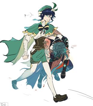 ... 2boys ? ahoge aqua_hair argyle_clothes argyle_pantyhose arm_tattoo artist_name asymmetrical_gloves belt beret black_boots black_bow black_bowtie black_gloves black_hair blue_eyes blue_gem blue_hair boots bow bowtie braid brown_belt brown_corset brown_shoes buttons cape carrying carrying_person chinese_clothes clenched_hand corset detached_sleeves embarrassed floating_cape flower frills full_body gem genshin_impact gloves gradient_hair green_cape green_gloves green_hat green_shorts hair_between_eyes hand_on_own_head hashtag-only_commentary hat hat_flower hat_ornament highres jewelry leaf_hat_ornament long_sleeves looking_at_another male_focus mismatched_gloves multicolored_hair multiple_boys necklace open_mouth pants pantyhose pearl_necklace pelvic_curtain pendant puffy_long_sleeves puffy_sleeves purple_belt purple_pants shirt shoes short_hair shorts shoulder_spikes simple_background single_bare_shoulder single_detached_sleeve sleeveless sleeveless_shirt speech_bubble spikes spoken_blush striped_bow striped_bowtie striped_clothes tattoo twin_braids two-sided_cape two-sided_fabric venti_(genshin_impact) walking white_background white_pantyhose white_shirt white_sleeves wide_sleeves xiao_(genshin_impact) yellow_cape yellow_flower zig_tan