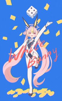 +_+ 1girl absurdres animal_ears arm_up black_leotard black_shoes blue_archive blue_necktie blush_stickers commentary_request confetti detached_collar dice fake_animal_ears fang film_grain flat_chest full_body gloves groin hair_rings half_gloves halo high_heels highres jacket koyuki_(blue_archive) koyuki_(bunny)_(blue_archive) leotard long_hair long_sleeves multicolored_hair necktie open_mouth pantyhose pigking_luneth pink_eyes pink_hair playboy_bunny rabbit_ears shoes skin_fang smile standing standing_on_one_leg streaked_hair twintails very_long_hair white_gloves white_jacket white_pantyhose